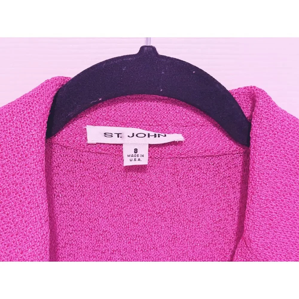 St. John Silk Wool Boucle Knit Single Button Blazer Jacket S/M Pink Preppy
